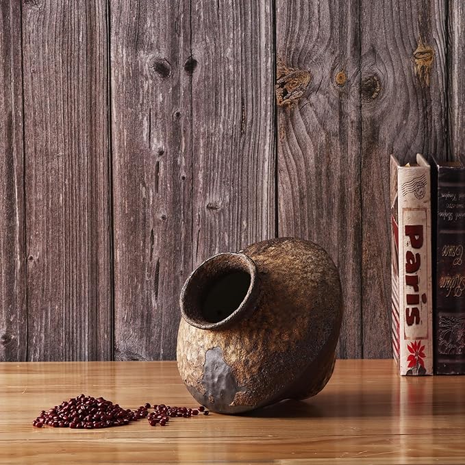 Small Stone Vase for Rustic Home Decor, Farmhouse Antique Pottery Vase Furniture&Table Flower Decorative, Round Terracotta Vases for Living Room Decor, Modern Rustic Concrete Clay Art Vases