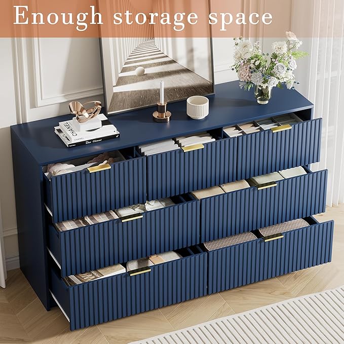 Navy Blue Dresser for Bedroom, Modern Dresser with 7 Drawers and Smooth Slides, Wide Chest of Drawers with Golden Handles for Bedroom, Living Room, Closet, 15.7" D x 55.1" W x 31.4" H