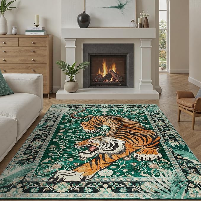 DCX Washable 9x12 Tiger Area Rug, Green Vintage Animal Rug for Living Room, Soft Low Pile Carpet, Kid & Pet Friendly with Rubber Back Non Slip, Stain Resistant Rug for Bedroom Dining Room Office
