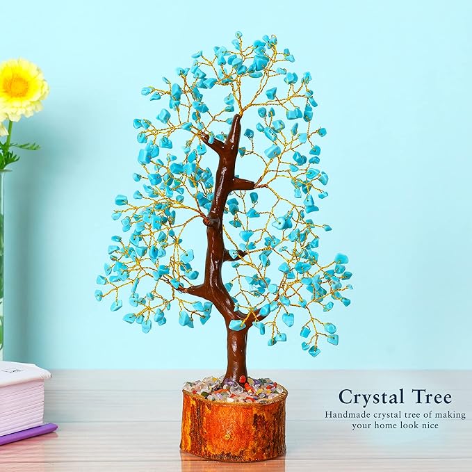 YATHABI Turquoise Crystal Sculpture - Feng Shui Money Tree - Good Luck, Positive Energy - Decorative Desk Accessory