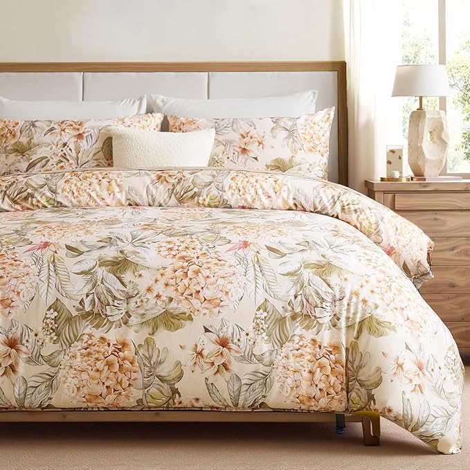 100% Cotton Duvet Cover King Size – Hydrangea Lily Floral Duvet Cover Set with Zipper Closure & Corner Ties, 3-Piece Silky Soft & Breathable Apricot Bedding Set for All Seasons