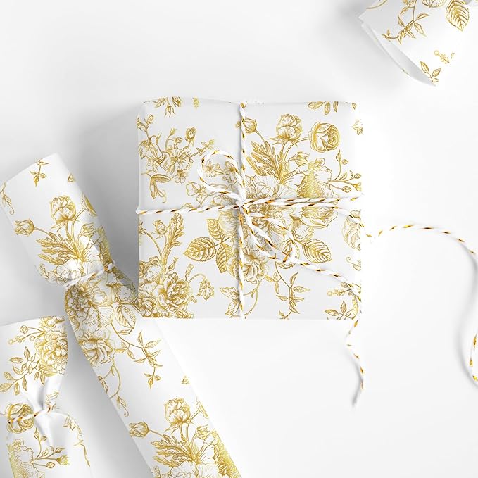 JarThenaAMCS Gold Foil Floral Wrapping Paper - Mini Roll - 17 Inch x 32.8 Ft Vintage Flower Gift Wrap Paper Decorative Art Paper for DIY Crafts Supplies