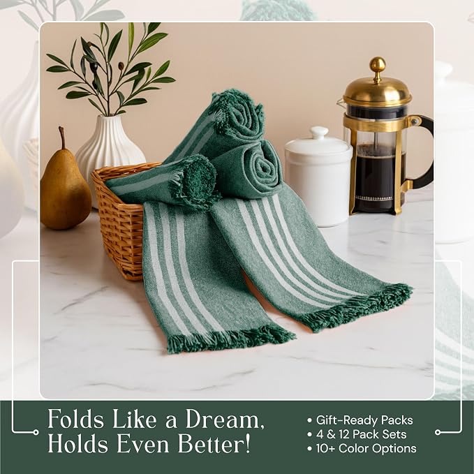 Stripe Kitchen Towels 12 Pack, 16x26 Inches, Cotton Dish Cloths, Absorbent Drying Rags, Reusable and Washable Tea Towels, Cleaning Cloths for Daily Kitchen Use - Forest Green