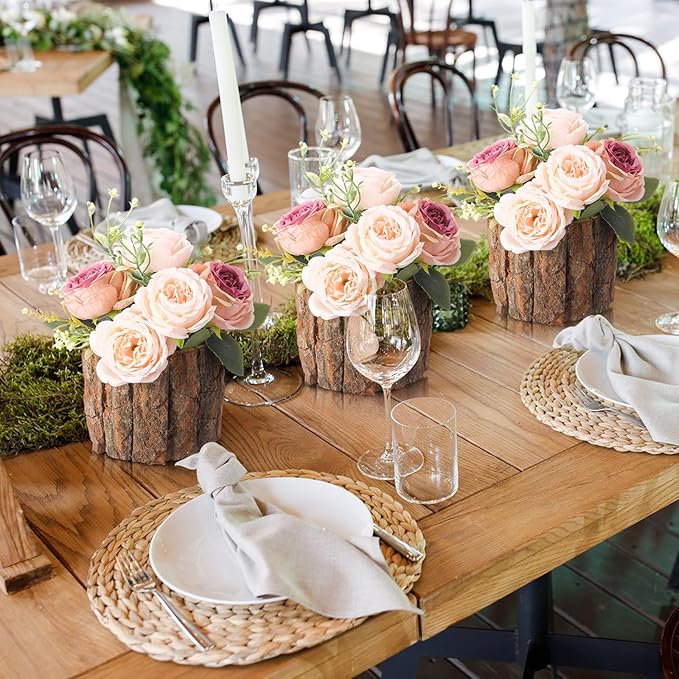 6 Pcs Wooden Vase for Centerpieces Christmas Table Decor Wooden Flower Vase Rustic Bark Stump Buckets Vintage Wood Planter Pots for Xmas Woodland Party Wedding Window Home Farmhouse (Large)