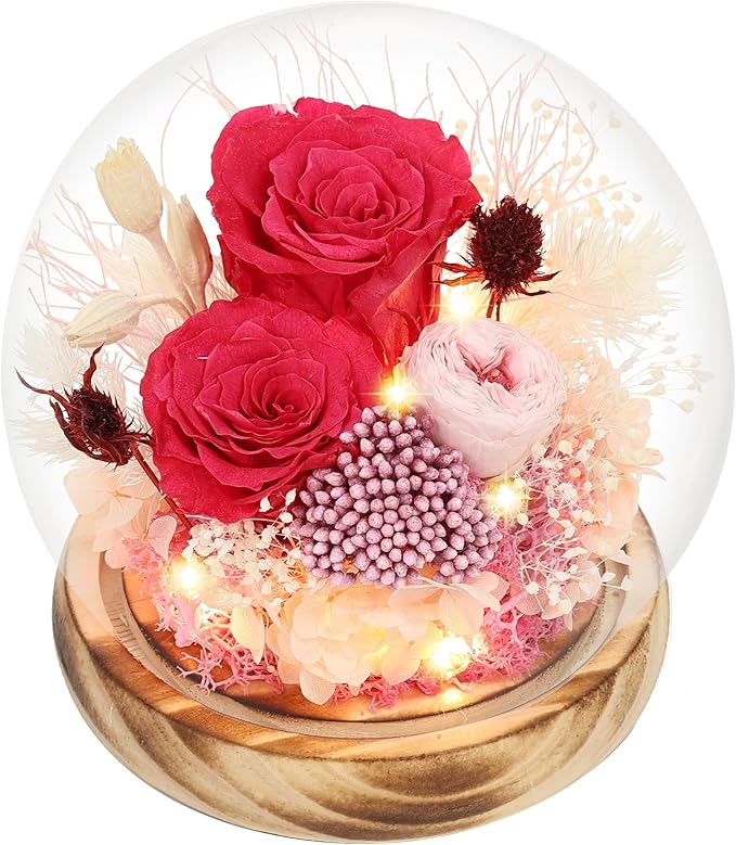 Preserved Flowers Bouquets Unique Rose Preserved Flower Gifts in Glass Dome for Women,Wife, Grandma Suitable for Birthday, Mother’s Day, Valentine’s Day, Anniversary, Christmas