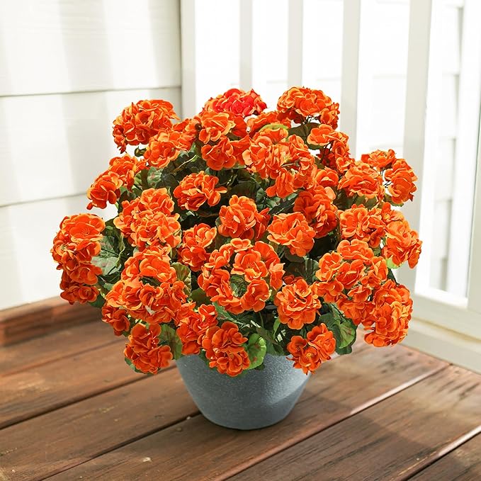 Fake Geraniums Artificial Flowers for Outdoors Fall Autumn Decoration, 6 Bundles Silk Geraniums UV Resistant Look Real Orange Faux Flowers Plants for Front Door Garden Planter Patio Balcony Yard Home