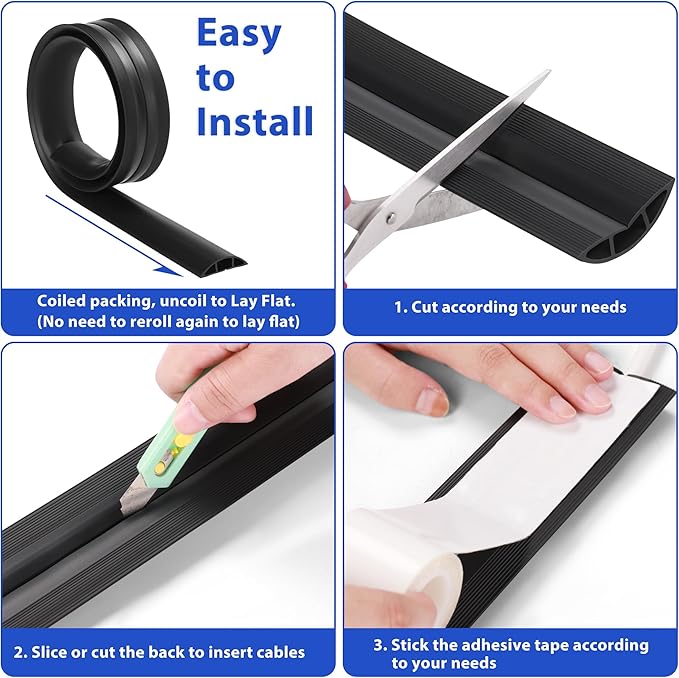 ZhiYo Floor Cord Cover 4ft, Cord Hider Floor Hide Extension Cords, Cable Management Prevent Cable Trips, Floor Cable Cover Wire Covers for Cords, Cable Protector Cord Cavity W0.6in H0.32in Black