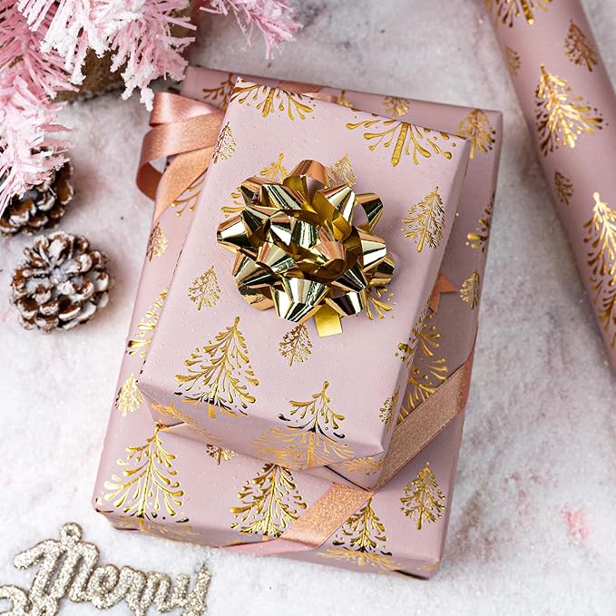 Flyhill Kraft Christmas Wrapping Paper-Pink 3D Embossed Gold Foil Christmas Pine Tree with Woodlands for Chrsitmas, Holiday, Party,Celebration (17 Inch X 32.8 Feet)