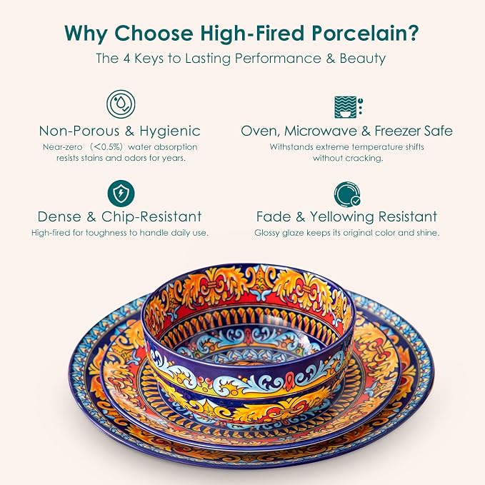 vancasso 18-Piece Dinnerware Sets,Ceramic Plates and Bowls Sets Service for 6, Bohemian Style Porcelain Dishes Set for 6, Microwave and Dishwasher Safe, Scratch Resistant,Non Toxic, Series KRVI