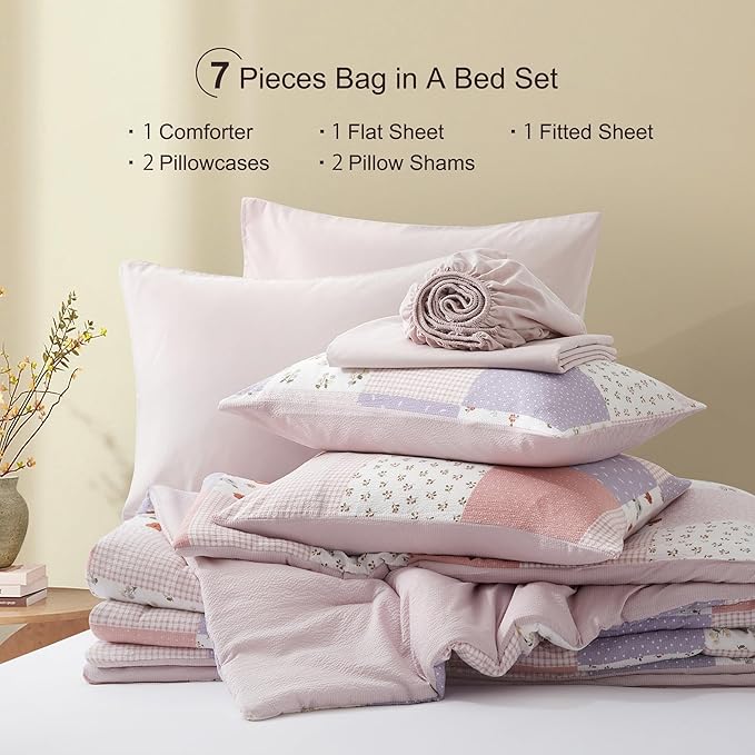 Oli Anderson Queen Comforter Set, 7 Pieces Misty Pink Floral Seersucker Bed Comforter, Patchwork Reversible Bed in a Bag with Comforter, Sheets, Pillowcases & Shams (Misty Pink, Queen)