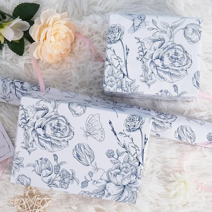 RayofSun Blue Floral Wrapping Paper Roll 17 in x 16.5 ft Mini Roll Vintage Toile Flower Gift Wrap Paper for All Occasion Wedding Birthday Bridal Shower Party Baby Shower Christmas