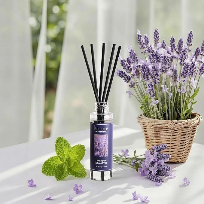Airkeep Reed Diffuser Set,1.69 fl oz (50 ml) - Lavender Eucalyptus Oil Diffusers with 8 Reed Sticks,Home Fragrance Reed Diffuser for Bathroom Shelf Decor