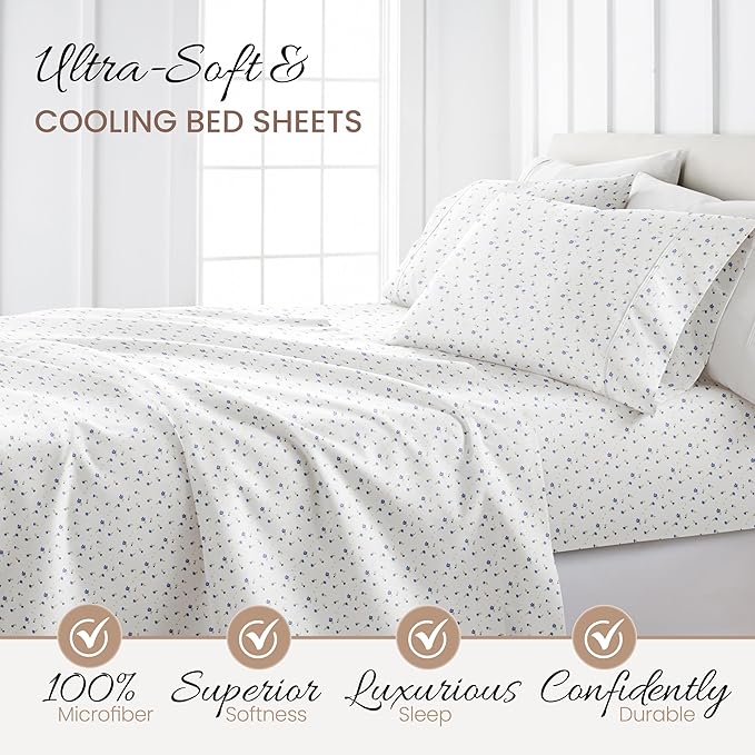 Linen Market Double-Brushed Patterned Microfiber King Sheet Set 4 Piece – Oeko-TEX Certified Ultra Soft & Wrinkle-Free - 16" Deep Pocket Sheets - Easy Care King Size - Soft Floral Light Blue