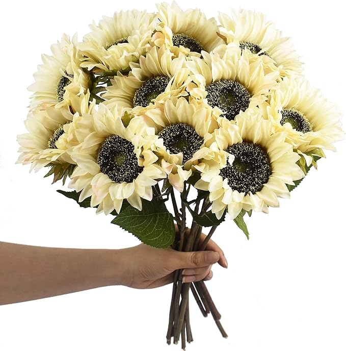 White Artificial Sunflower Flowers 8 Pcs Single Long Stem Silk Fake Sunflowers Bridal Wedding Bouquet Fake Yellow Flower Arrangements for Outdoor