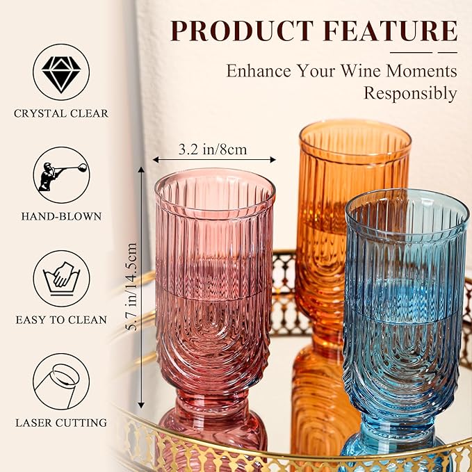 Colored Vintage Drinking Glasses Set of 6-17oz Hand-Blown Highball Ribbed Glassware, Arch Design Cocktail Glasses for Whiskey Water Beverages Ice Coffee Juice Milk