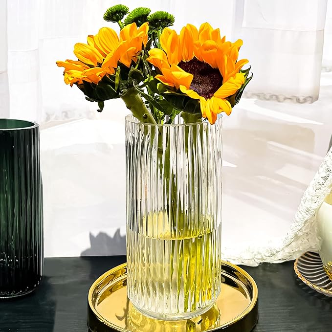 Muyan 9.8" Flower Vase for Decor Ribbed Glass Vase Modern for Centerpieces Desktop Home Office Dining Living Room Wedding (Clear)