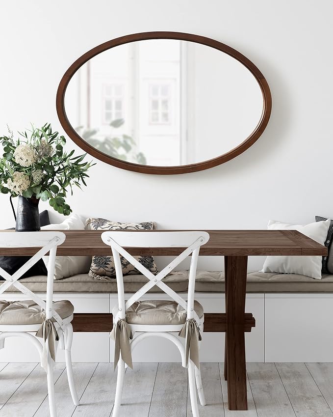 Kate and Laurel Hogan Farmhouse Oval Framed Wall Mirror; 24 x 36; Dark Walnut; Decorative Traditional Wood Mirror with Soft Curvature and Modern Oval Shape