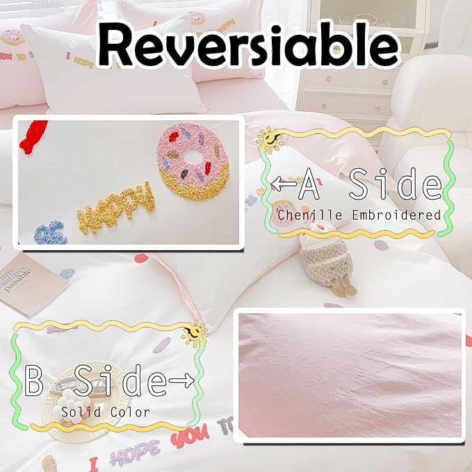 MorroMorn Cotton Duvet Cover Queen Size, 3D Embroidery Queen Bedding Sets All Seasons, Cute Chenille Embroidered Comforter Covers Soft Sweat-Absorbent for Girls Kids Teen (Donut White, Full/Queen)