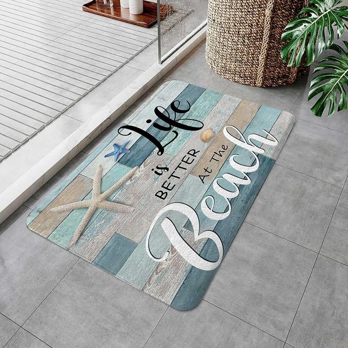 Beach Bath Rugs for Bathroom, Rustic Vintage Wood Ocean Quote Words Summer Non Slip Flannel Bathroom Rug, Nautical Coastal Starfish Dry Fast Water Absorbent Bath Mats, 17X29 Inch