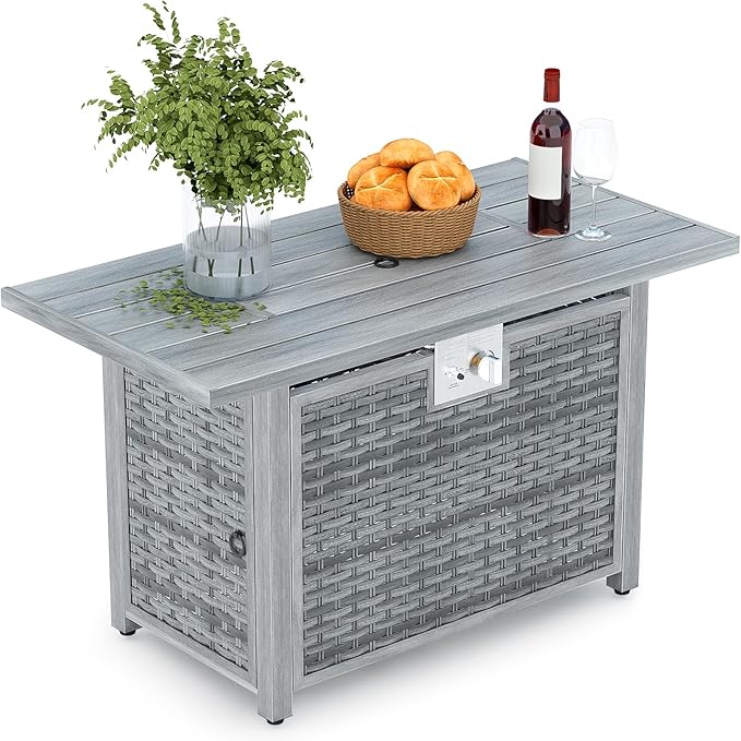 43" Rectangular Propane Fire Pit for Outside Patio 2 in 1, 50,000 BTU Fireplaces with Lid, Glass Rocks, Cover