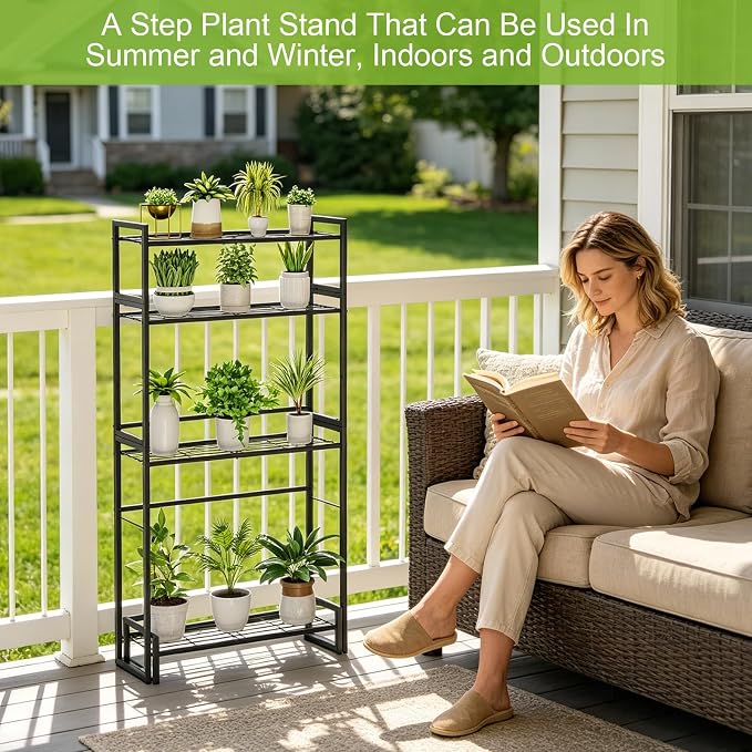 VyGrow Plant Stand, 4 Tier Stackable Tiered Plant Stand, Scalable Heavy Duty Tall Plant Shelf for Indoor Outdoor, Garden, Display Shelves, Flower Pot Holder, Black