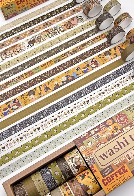 KOVANO Coffee Themed Washi Tape Set, 14 Rolls Vintage Crafts Tape, Art Decorative Tape for Scrapbooking Supplies, Junk Journal, Bullet Journaling, Vision Board Supplies