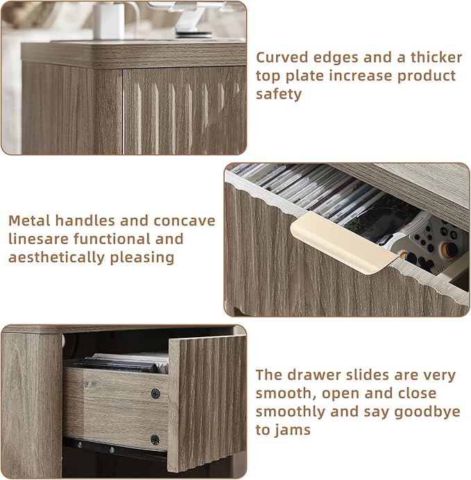 LEYAOYAO Fluted Nightstand with Charging Station, 23" Wide 1 Drawers End Table,Grey Night Stand with Open Storage Cabinet, Farmhouse Bed Side Tables, Wood Dresser for Bedroom, Living Room, Closet