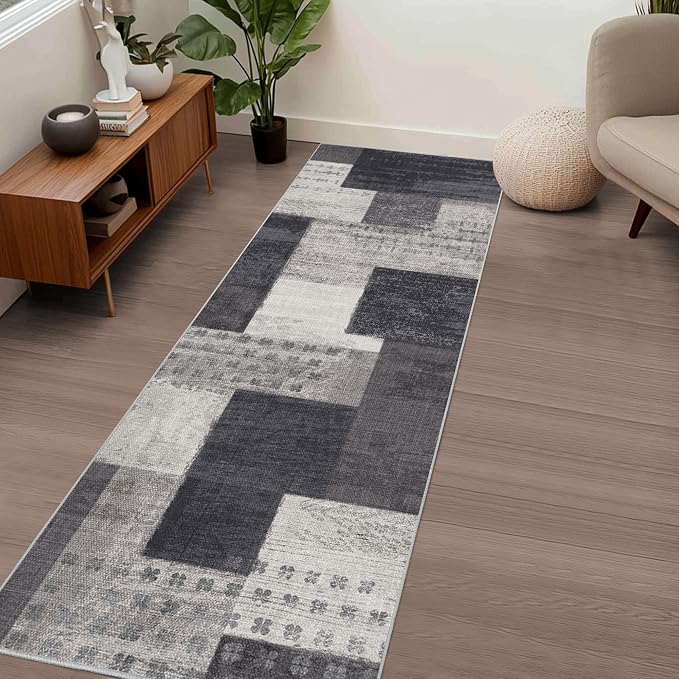 Modern Geometric Patchwork Indoor Runner Rug for Living Room, Charcoal 2.7'x 10' Rug Rockwood Collection Hardwood Floors Decor for Bedroom, Grey Throw Carpet for Office Entryway Dining Room