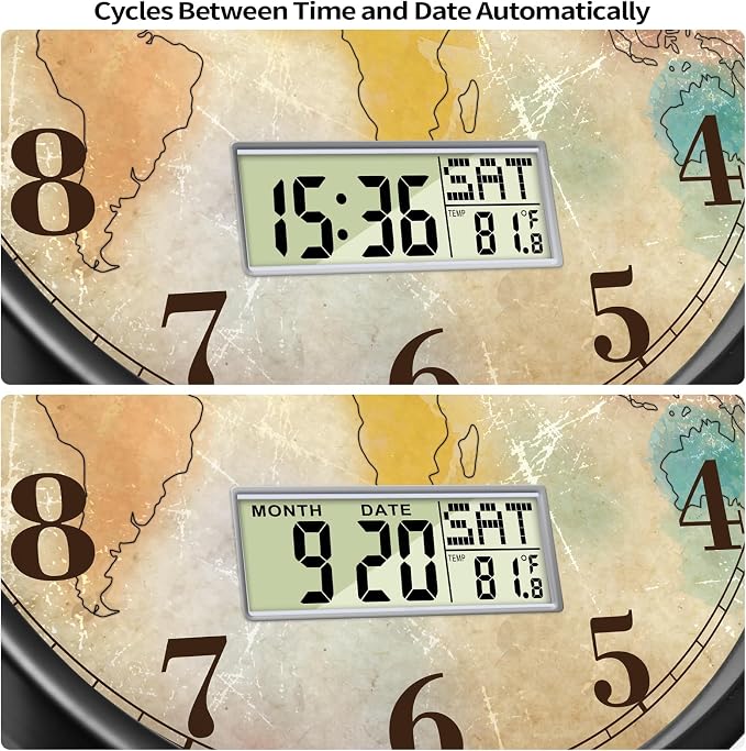 Vintage World Map Wall Clock, 12 Inch Silent Non-Ticking Battery Operated Analog Clock with LCD Date Day Temp Display, Decorative for Living Room, Bedroom, Kitchen, Study, Dining Room