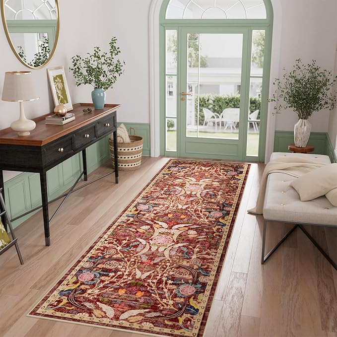 AMTOVO 2.7x8 Runner Rug for Hallway, Washable Non-Slip Long Kitchen Carpet, Floral Vintage Distressed Floor Mat for Hallways Entryway Living Room Laundry Room Bathroom Farmhouse, Red