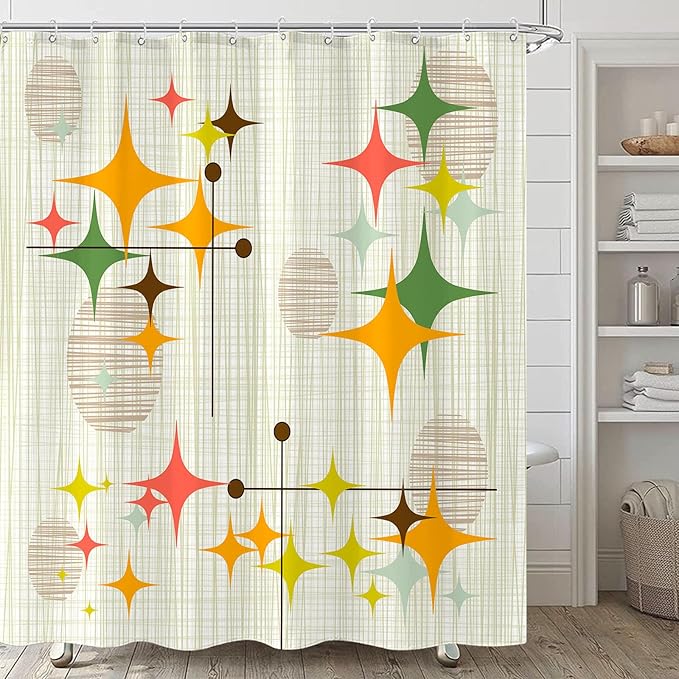 84 Inch Extra Long Mid Century Modern Shower Curtain Retro Stars Shower Curtains for Bathroom Abstract Vintage Boho Art Waterproof Fabric Bath Curtain Decor (Yellow1, 72'' x 84'')