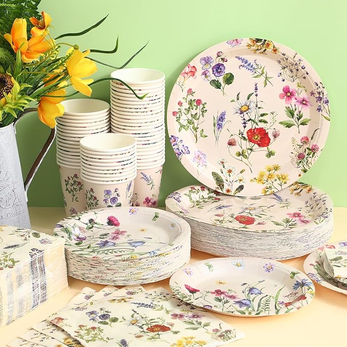 250 Pcs Wildflower Party Decorations Include Spring Summer Floral Paper Plates Napkins and Cups for Wildflower Baby Shower Tea Decorations, Serve 50 Guest(Multicolor,Rustic Style)