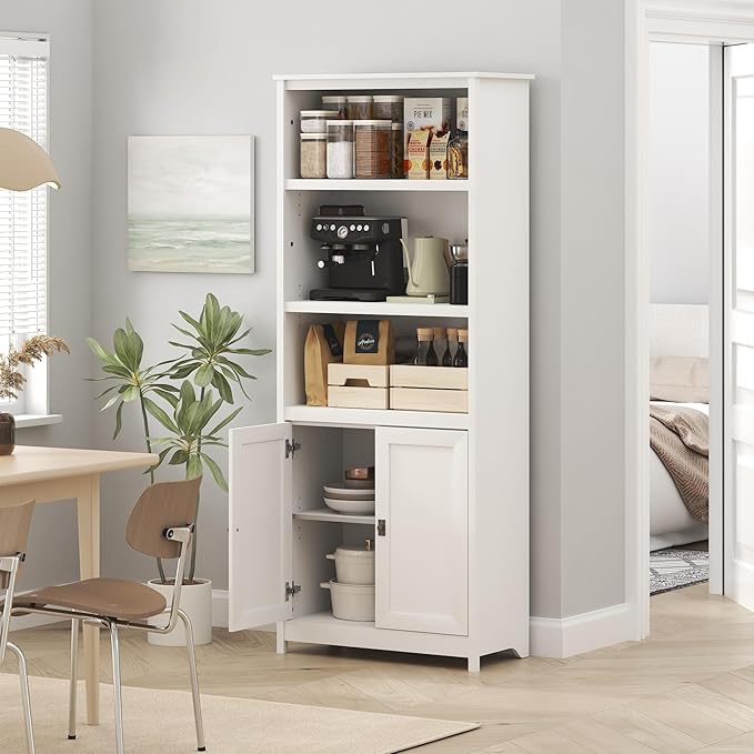 Furinno Robin Storage Cabinet, Pantry Cabinet with 3-Tier Adjustable Shelves with 2 Door Cabinet, 30W, Kitchen Organizer Cabinet, Organization and Storage, for Pantry, Living Room, Home Office, White