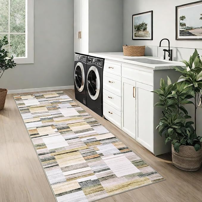 Washable Runner Rugs 2x6 Rug Runner Modern Non Slip Kitchen Rugs Indoor Entryway Rug Farmhouse Soft Bath Mat Stain Resistant Carpet for Bedroom Hallway Laundry 2'x6' Khaki&Grey