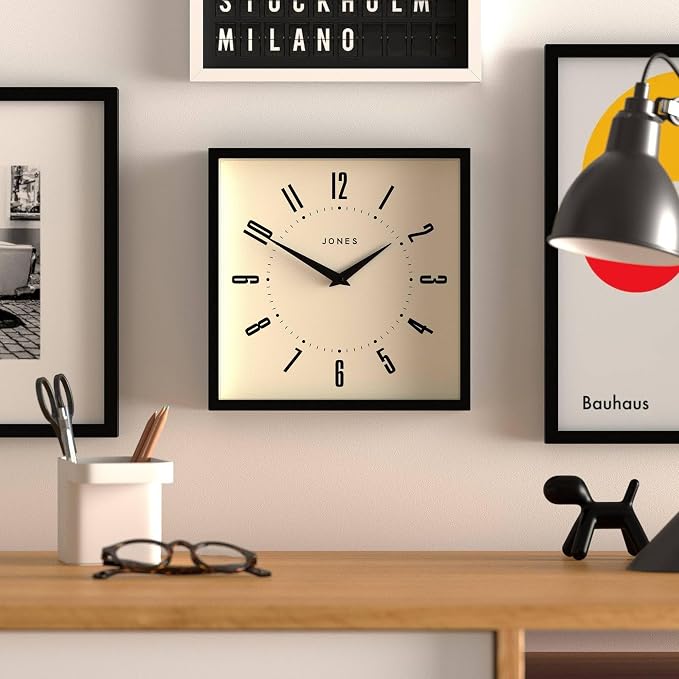 JONES CLOCKS® Box wall Clock | Retro Square | 10 inch | Black | Easy to Read Numbers | Perfect Kitchen or Office Clock