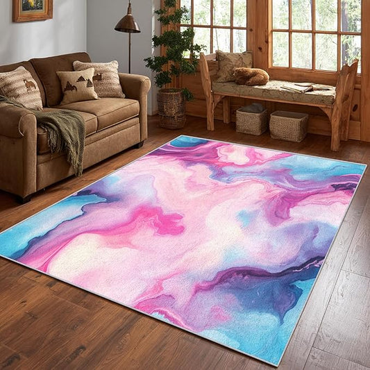 Colorful Marble Fluid Area Rug, Watercolor Abstract Pattern Carpet, Washable Non Slip Low Pile Soft Thin, Living Room Bedroom Home Decor Mat 4x6ft