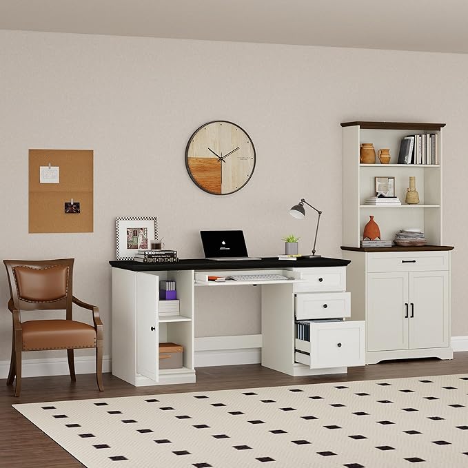60.5" Executive Office Desk, Classic Computer Desk with File Drawer, Keyboard Tray Cabinet Storage, Farmhouse Wood Writing Desk for Home Office or Study, White with Black Desktop
