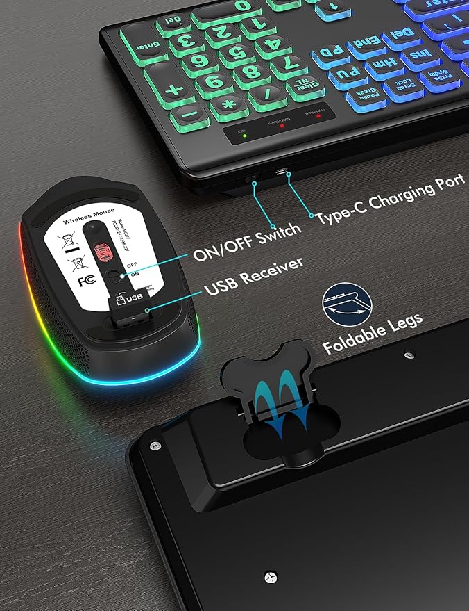 Wireless Keyboard and Mouse Combo, RGB Backlit, Rechargeable & Light Up Letters, Full-Size, Soft Typing, Sleep Mode, 2.4GHz Quiet Keyboard Set for Mac, Windows, Laptop, PC, Trueque (Matte Black)