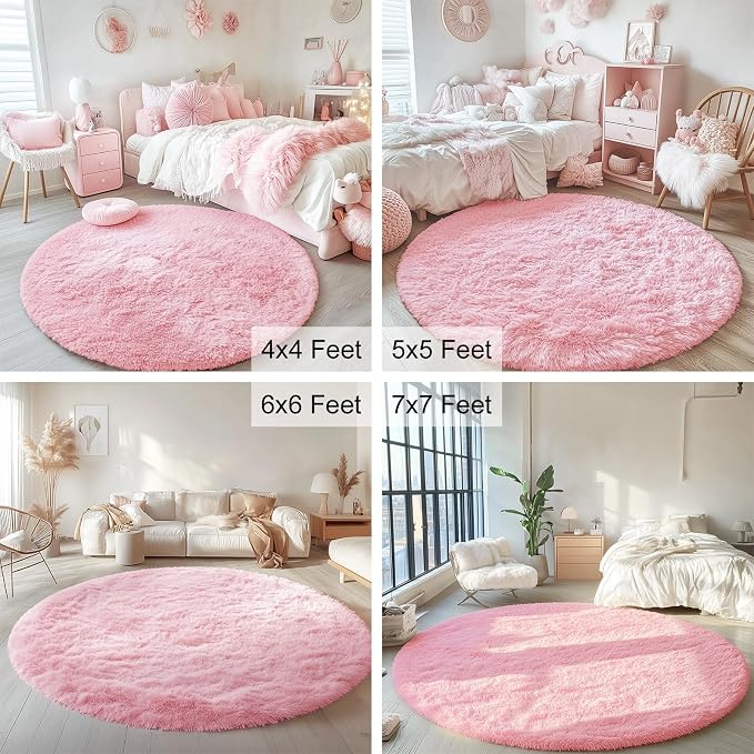 OLANLY Pink Round Rugs for Bedroom - Machine Washable, 8 ft Circle Area Rugs for Living Room, Soft and Fluffy Shaggy Carpet for Teen Girls and Boys, Nursery Rooms, Dorms, Home Decor Aesthetic