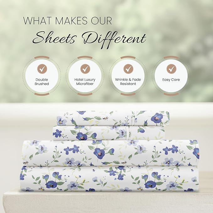 Linen Market 4 Piece Queen Sheet Set - Breathable, Double-Brushed Patterned Cooling Sheets – Oeko-TEX Certified Ultra Soft & Wrinkle-Free 16" Deep-Pocket Queen Sheets - Easy Care Blossoms Light Blue