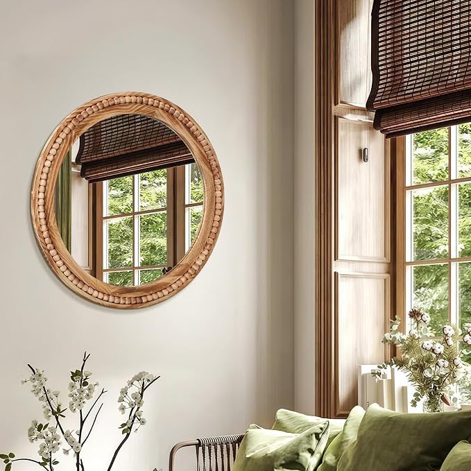ULIKE Round Wood Mirror with Natural Wooden Bead Frame, 30 Inch Rustic Farmhouse Wall Mirror for Bathroom Nursery Bedroom Living Room Brown, Brown