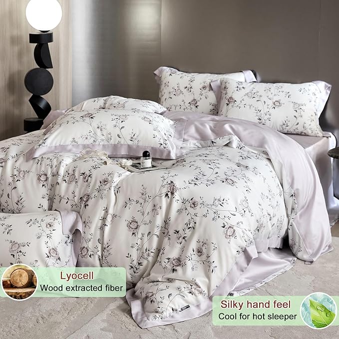 VM VOUGEMARKET Lyocell Duvet Cover King with 2 Pillow Shams,Vintage Garden Flower Bedding Set,Silky Soft, Cool-to-The-Touch Comforter Cover for Hot Sleeper-King,Purplish Grey