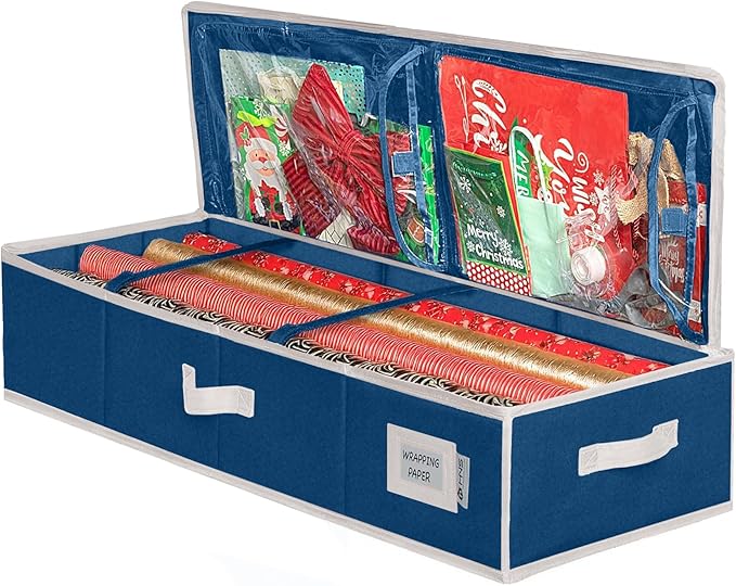 HOLDN’ STORAGE Premium Wrapping Paper Storage Container - Durable 600D Tear-Proof, Fits 27 Rolls Gift Wrap, Extra Pockets for Ribbons & Bows, Underbed Storage - Ideal for Holiday Christmas, Blue