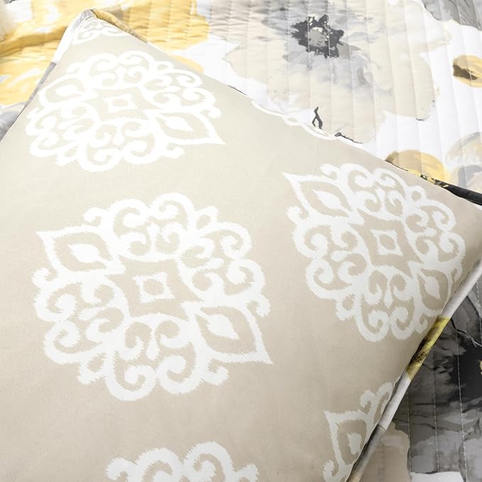 Lush Decor Leah Reversible Floral Quilt Set, 8 Piece Set, Full/ Queen, Yellow & Gray - Charming Floral Bedding Set With Pillow Cases, Decorative Throw Pillows & Bed Skirt- Large Watercolor Flowers