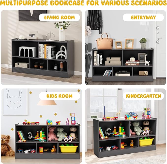 KOTEK Toy Storage Organizer, 5 Cubby Kids Bookshelf, Wooden 3-Tier Bookcase Storage Cabinet, Open Display Book Shelf for Daycare, Nursery, School Classroom, Playroom & Living Room (Grey, 5 Cubes)