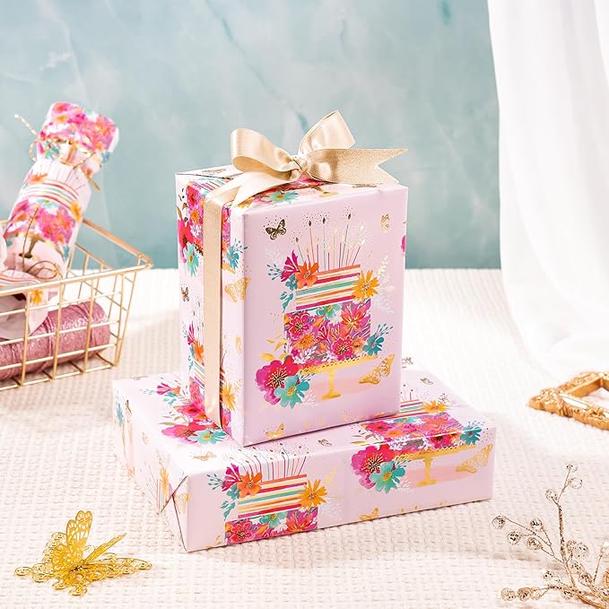 WRAPAHOLIC Foil Pink Birthday Wrapping Paper - Mini Roll - 17 Inch x 16.5 Feet - Floral Cake Wrapping Paper for Kids Girls Women Birthday, Baby Shower, Bridal Shower, Wedding