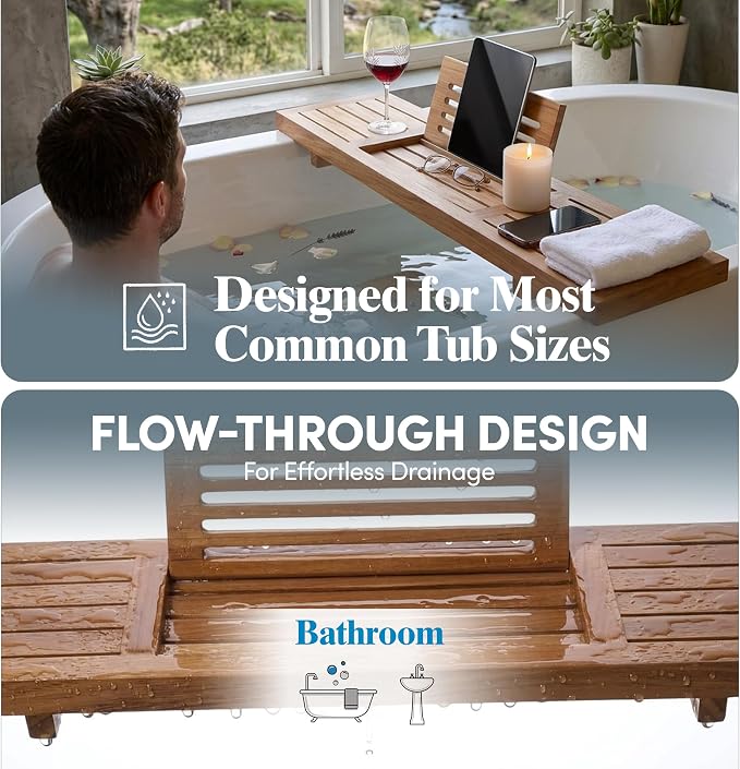 AquaTeak 30" Manada Teak Bathtub Tray Caddy - Durable, Water-Resistant Bath Tray for Tub with Foldable Book & Tablet Stand - Fits Standard Soaking Bathtubs - Bathroom Accessories for Spa