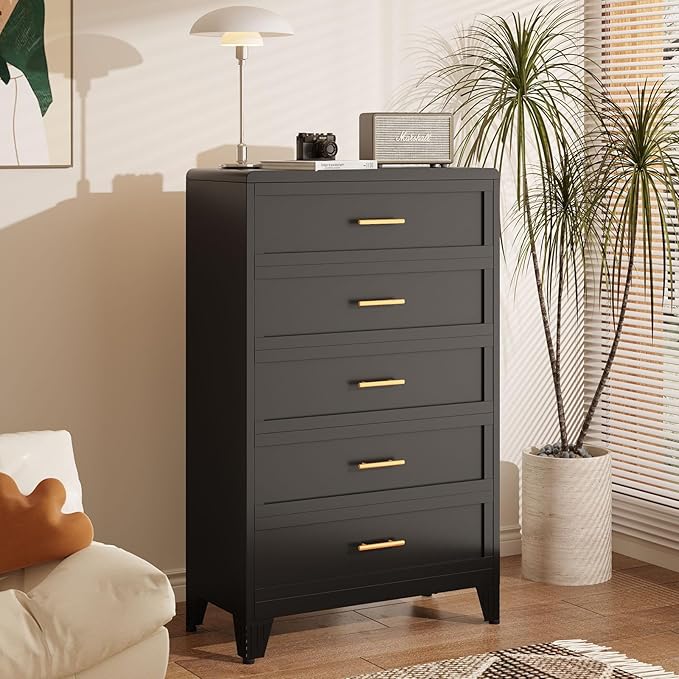 5 Drawers Tall Black Dresser for Bedroom, 52.16" Metal Dressers & Chests of Drawers Curved Corner Design, Storage Organizer Drawer Chest with Large Capacity for Living Room, Hallway, Entryway