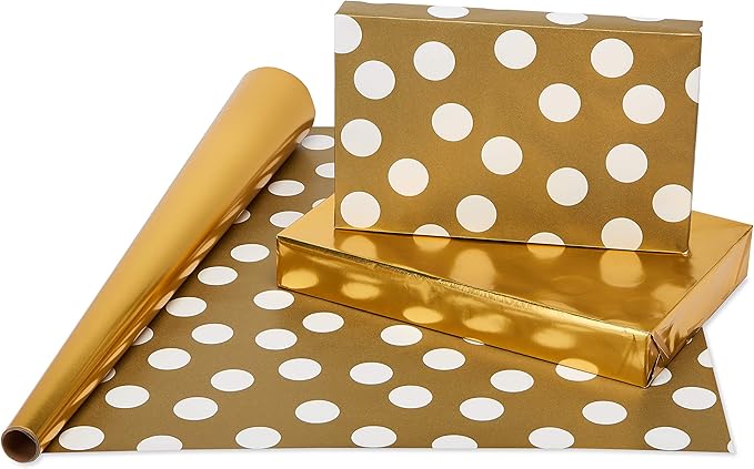 American Greetings Foil Wrapping Paper Rolls for Christmas, Weddings or Any Occasion, Metallic Gold and White Holiday Gift Wrap (80 sq. ft., 4 Rolls-30 in. x 8 ft., Reversible) Stripes, Polka Dots