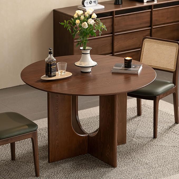 YESWOOD 43.3’’ Round Dining Table for 4-6, 100% Solid Wood Kitchen Table with U-Shaped Pedestal Base, Farmhouse Circle Modern Dinner Table for Dining Room, Living Room (Imported Ash Wood, Walnut)
